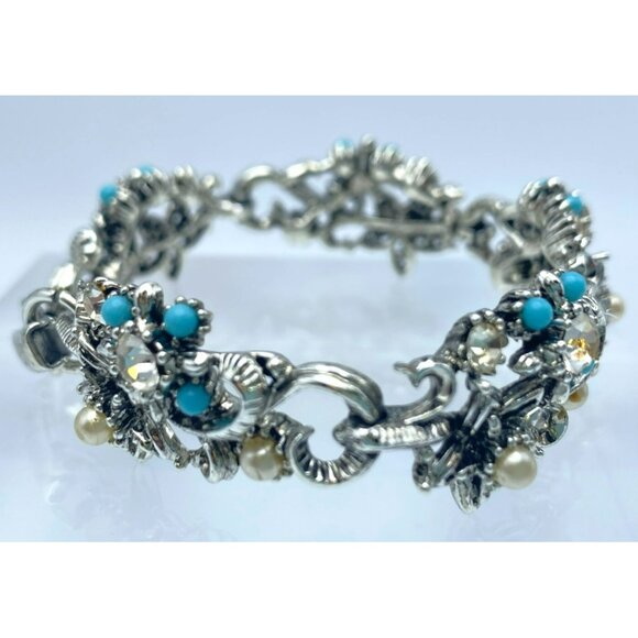 Vintage Star Jewelry Marked Bracelet Faux Pearl Turquoise Rhinestone 7 1/4" long - Picture 2 of 6